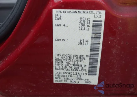 2019 Nissan Altima 2.5 Sv из США, поврежденный, VIN 1N4BL4DV5KC138119